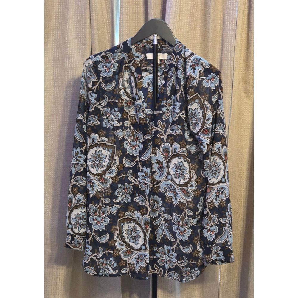 Ann Taylor Loft Floral Paisley Peasant Tunic Sheer Blouse Womens Size‎ M Navy